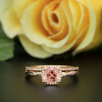 1.5 Carat Cushion Cut Peach Morganite and Diamond with Matching Wedding Band in 9k Rose Gold Art Deco Ring