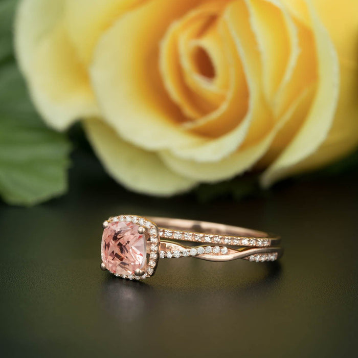 1.5 Carat Cushion Cut Peach Morganite and Diamond with Matching Wedding Band in 9k Rose Gold Art Deco Ring
