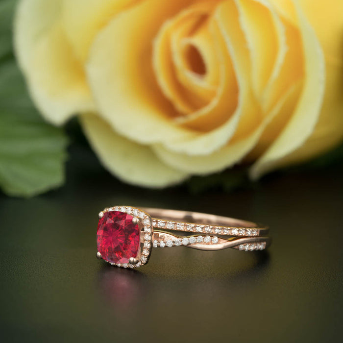 Unique 1.5 Carat Cushion Cut Ruby and Diamond Wedding Ring Set in 9k Rose Gold