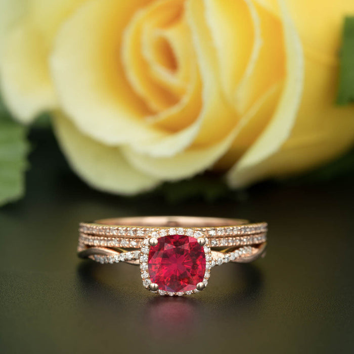 Unique 2 Carat Cushion Cut Ruby and Diamond Trio Wedding Ring Set in 9k Rose Gold