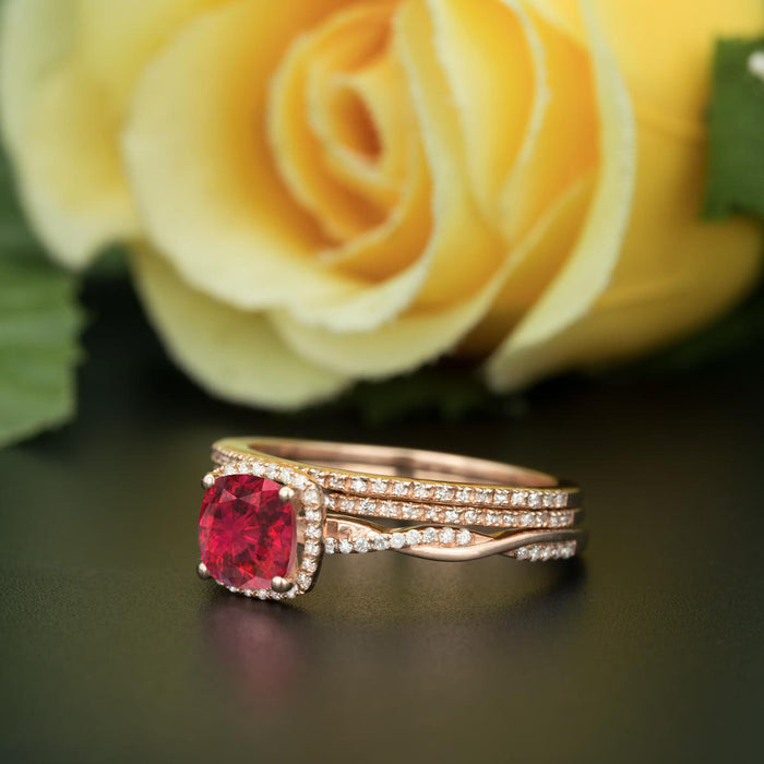 Unique 2 Carat Cushion Cut Ruby and Diamond Trio Wedding Ring Set in 9k Rose Gold