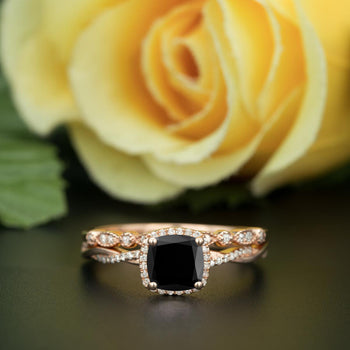 Unique 1.50 Carat Cushion Cut Black Diamond and Diamond with Matching Wedding Band in 9k Rose Gold