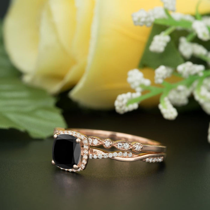 Unique 1.50 Carat Cushion Cut Black Diamond and Diamond Bridal Ring Set in Rose Gold