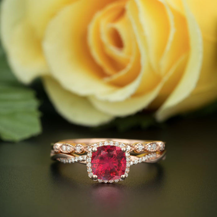 Unique 1.5 Carat Cushion Cut Ruby and Diamond with Matching Wedding Band in 9k Rose Gold