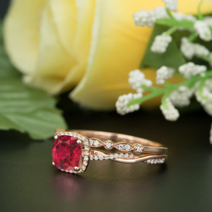 Unique 1.5 Carat Cushion Cut Ruby and Diamond with Matching Wedding Band in 9k Rose Gold
