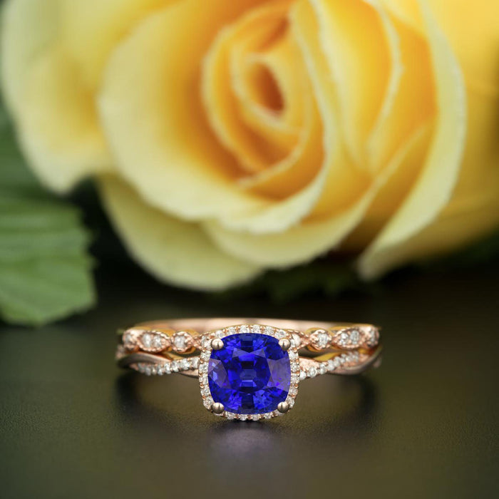 Unique 1.50 Carat Cushion Cut Sapphire and Diamond Bridal Ring Set in Rose Gold