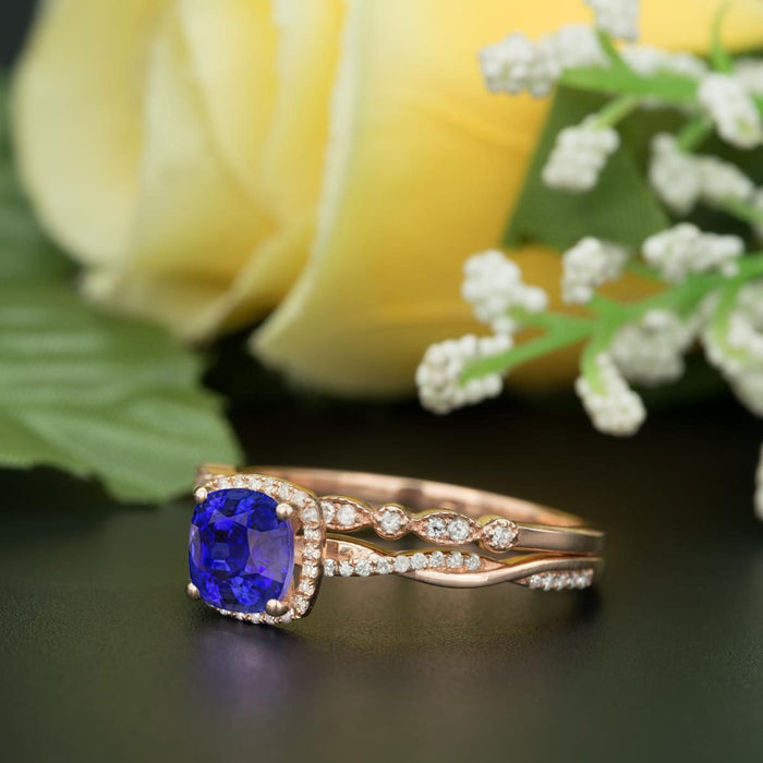Unique 1.50 Carat Cushion Cut Sapphire and Diamond Bridal Ring Set in Rose Gold