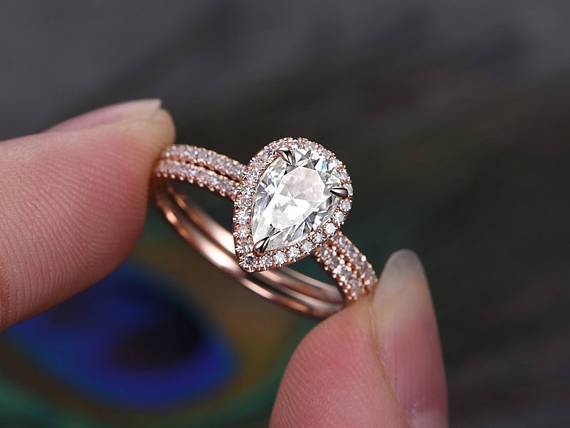 2 Carat Pear Cut Moissanite and Diamond Halo Bridal Set in Rose Gold