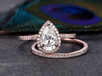 2 Carat Pear Cut Moissanite and Diamond Halo Bridal Set in Rose Gold