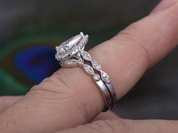 2 Carat Pear Cut Moissanite and Diamond Art Deco Bridal Set in White Gold