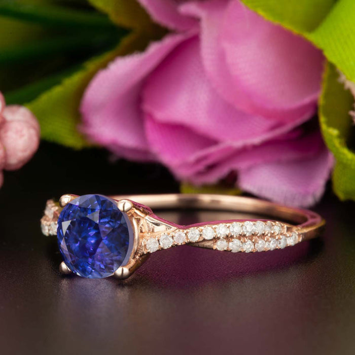 1.25 Carat Round Cut Sapphire and Diamond Engagement Ring in Rose Gold Splendid Ring