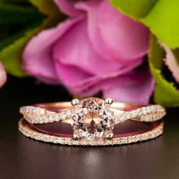 1.50 Carat Round Cut Peach Morganite and Diamond Wedding Ring Set in Rose Gold Celebrity Ring