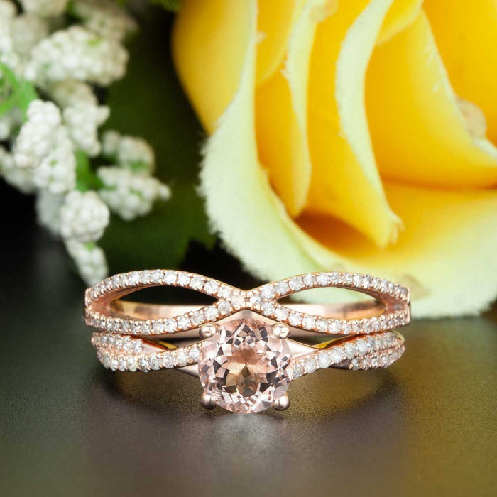 2 Carat Round Cut Peach Morganite and Diamond Bridal Ring Set in Rose Gold Celebrity Ring
