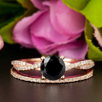 1.5 Carat Round Cut Black Diamond and Diamond Bridal Ring Set in 9k Rose Gold Splendid Ring