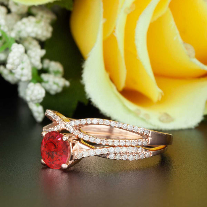2 Carat Round Cut Ruby and Diamond Bridal Ring Set in 9k Rose Gold Splendid Ring