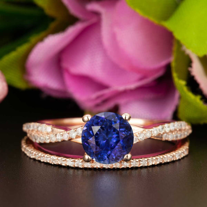 1.50 Carat Round Cut Sapphire and Diamond Bridal Ring Set in Rose Gold Splendid Ring