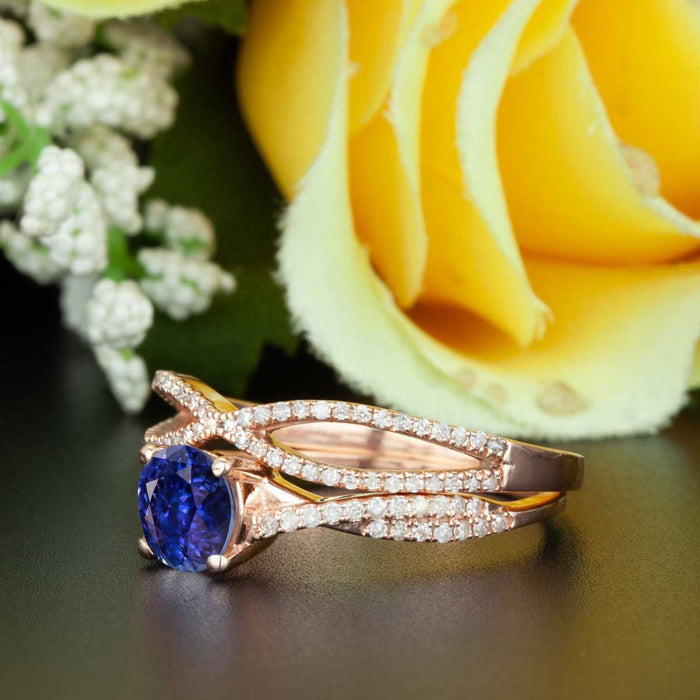 2 Carat Round Cut Sapphire and Diamond Bridal Ring Set in Rose Gold Splendid Ring