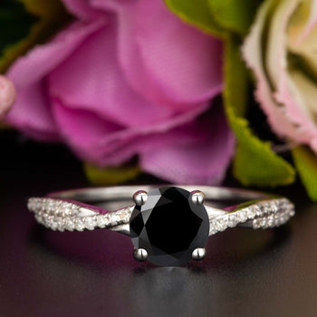 1.25 Carat Round Cut Black Diamond and Diamond Engagement Ring in White Gold Splendid Ring