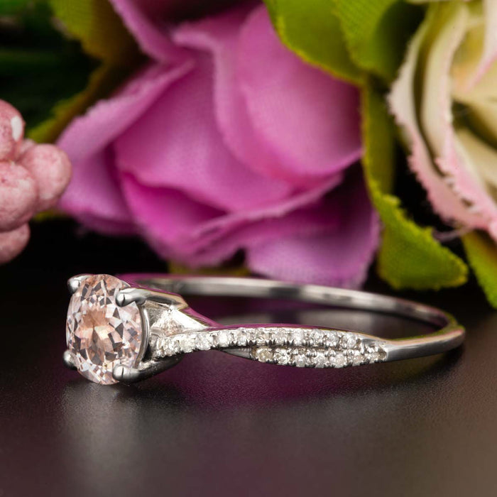 Flawless 1.25 Carat Round Cut Peach Morganite and Diamond Engagement Ring in White Gold Celebrity Ring