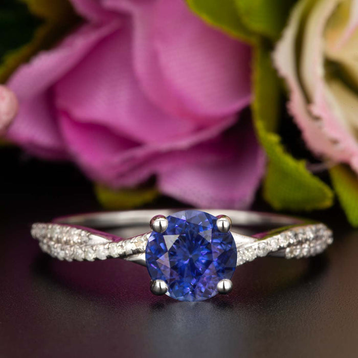 1.25 Carat Round Cut Sapphire and Diamond Engagement Ring in White Gold Splendid Ring