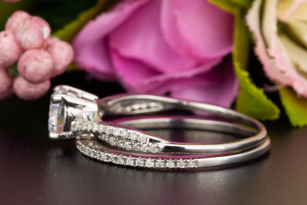 1.5 Carat Round Cut Ruby and Diamond Bridal Ring Set in 9k White Gold Splendid Ring