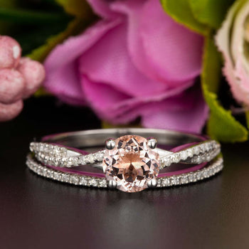 1.50 Carat Round Cut Peach Morganite and Diamond Wedding Ring Set in White Gold Celebrity Ring