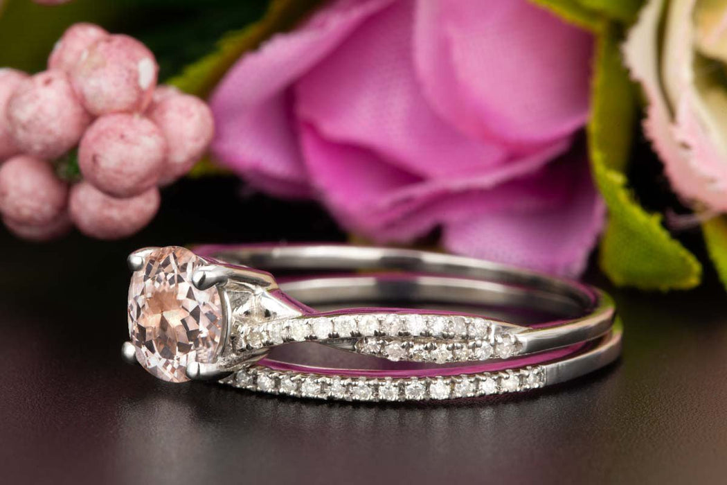 1.50 Carat Round Cut Peach Morganite and Diamond Wedding Ring Set in White Gold Celebrity Ring