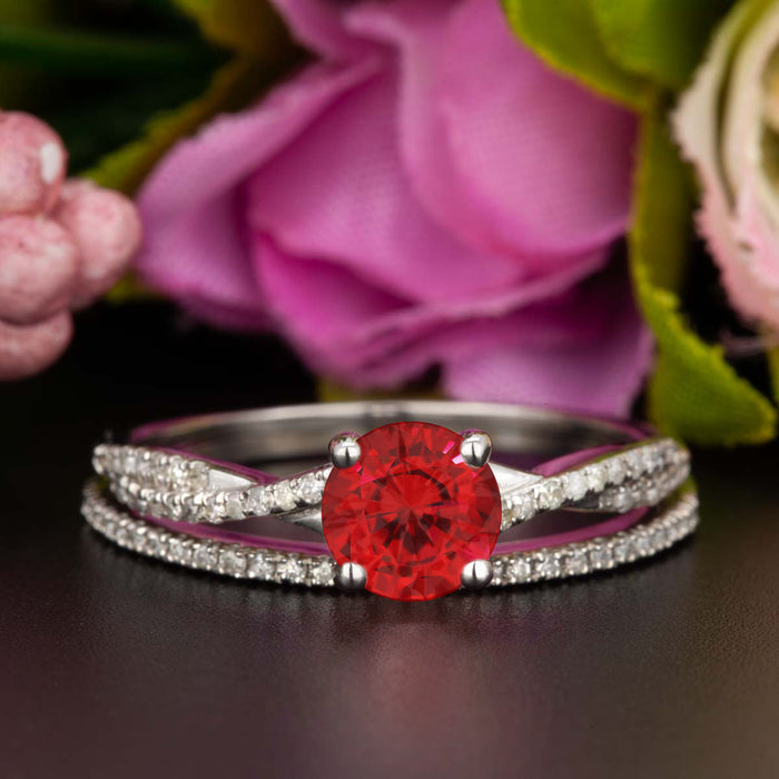 1.5 Carat Round Cut Ruby and Diamond Bridal Ring Set in 9k White Gold Splendid Ring