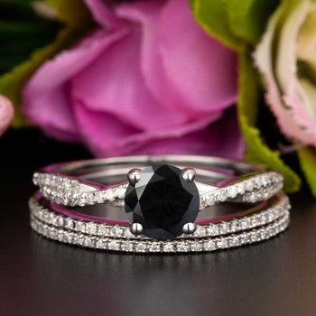 2 Carat Round Cut Black Diamond and Diamond Trio Bridal Ring Set in White Gold Splendid Ring