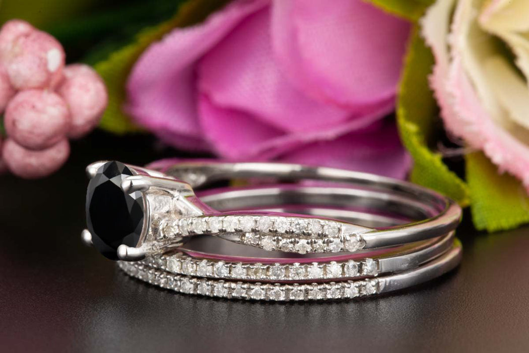 2 Carat Round Cut Black Diamond and Diamond Trio Bridal Ring Set in White Gold Splendid Ring