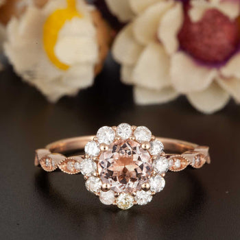 Vintage 1.25 Carat Round Cut Peach Morganite and Diamond Engagement Ring in Rose Gold Halo Ring
