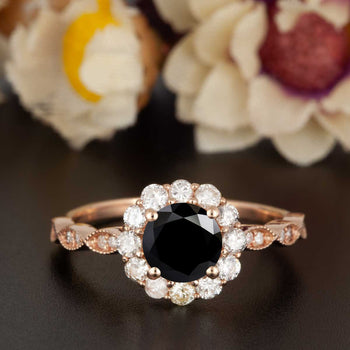 1.25 Carat Round Cut Halo Black Diamond and Diamond Engagement Ring in Rose Gold Art Deco Ring