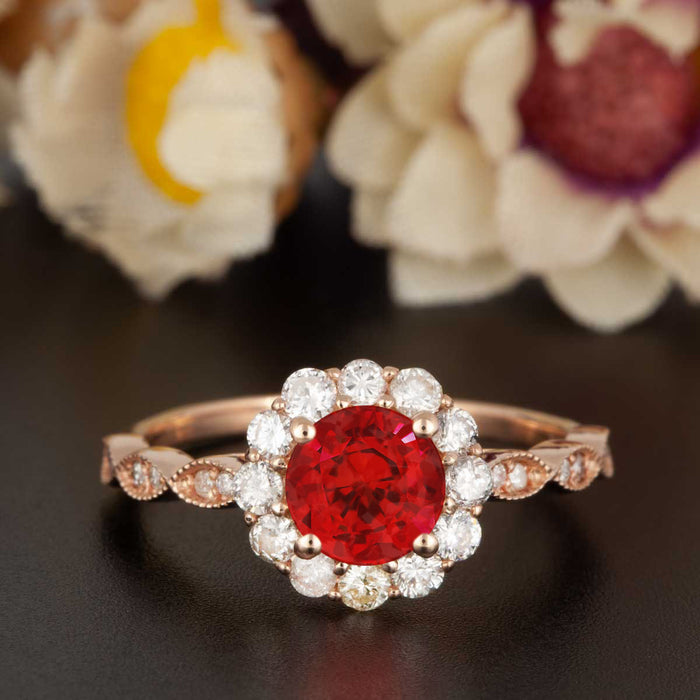 1.25 Carat Round Cut Halo Ruby and Diamond Engagement Ring in 9k Rose Gold Art Deco Ring