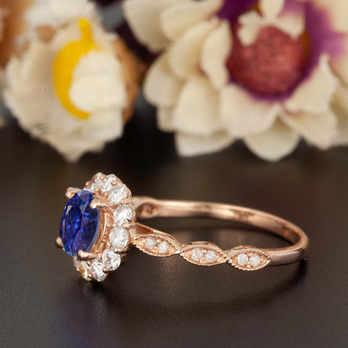 1.25 Carat Round Cut Halo Sapphire and Diamond Engagement Ring in Rose Gold Art Deco Ring
