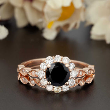 1.5 Carat Round Cut Halo Black Diamond and Diamond Wedding Ring Set in 9k Rose Gold Artdeco Ring