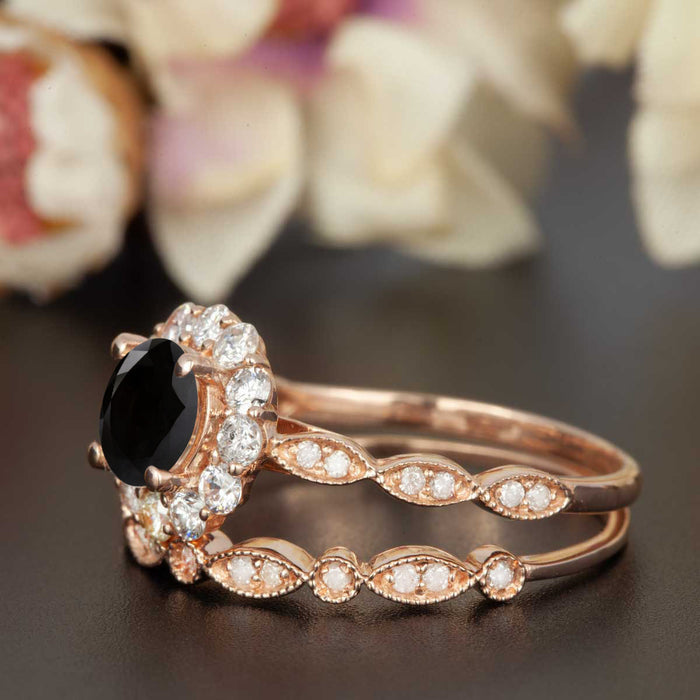 1.5 Carat Round Cut Halo Black Diamond and Diamond Wedding Ring Set in 9k Rose Gold Artdeco Ring
