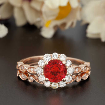 2 Carat Round Cut Halo Ruby and Diamond Trio Wedding Ring Set in 9k Rose Gold Artdeco Ring