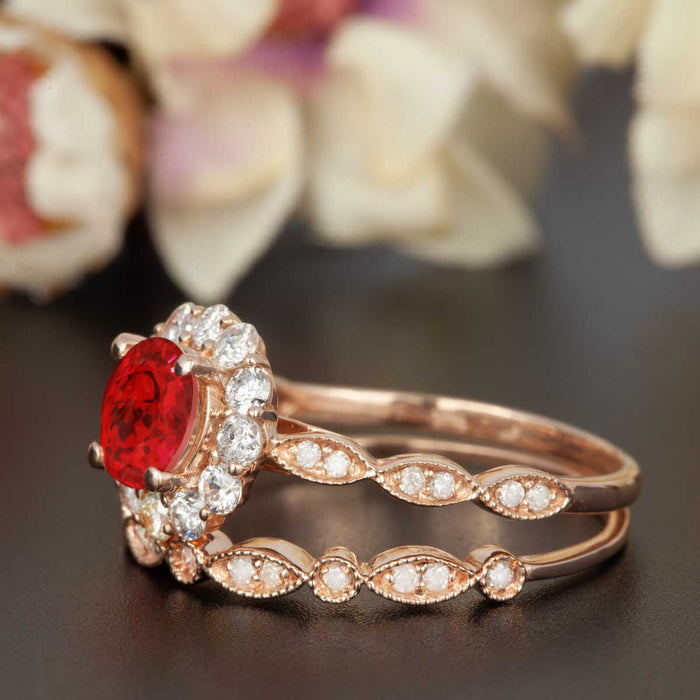 2 Carat Round Cut Halo Ruby and Diamond Trio Wedding Ring Set in 9k Rose Gold Artdeco Ring