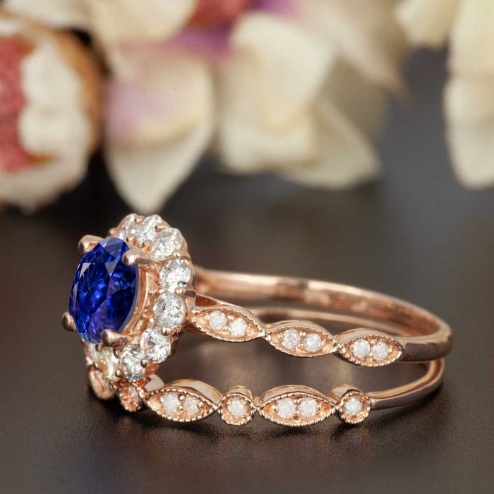 1.50 Carat Round Cut Halo Sapphire and Diamond Wedding Ring Set in Rose Gold Art Deco Ring