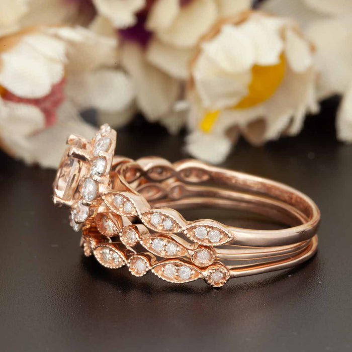 1.5 Carat Round Cut Halo Ruby and Diamond Wedding Ring Set in 9k Rose Gold Artdeco Ring
