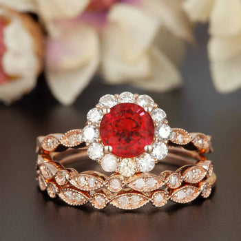 1.5 Carat Round Cut Halo Ruby and Diamond Wedding Ring Set in 9k Rose Gold Artdeco Ring