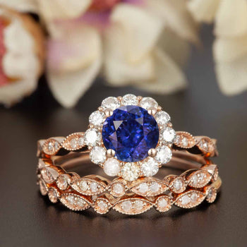 2 Carat Round Cut Halo Sapphire and Diamond Trio Wedding Ring Set in Rose Gold Art Deco Ring