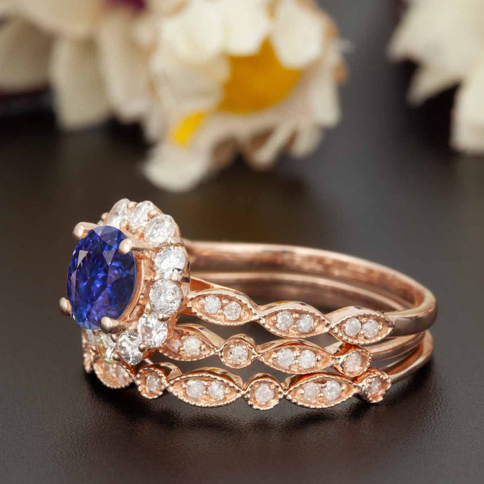 2 Carat Round Cut Halo Sapphire and Diamond Trio Wedding Ring Set in Rose Gold Art Deco Ring