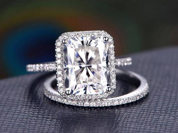 2 Carat Emerald Cut Moissanite and Diamond Halo Bridal Set in White Gold