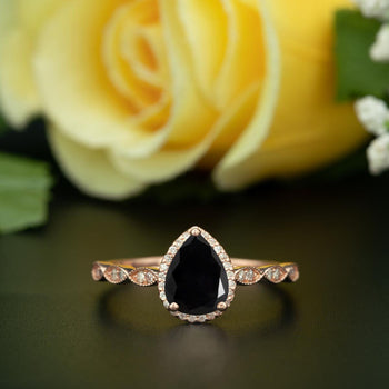 1.25 Carat Pear Cut Halo Black Diamond and Diamond Engagement Ring in Rose Gold Vintage Ring