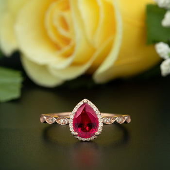 1.25 Carat Pear Cut Halo Ruby and Diamond Engagement Ring in 9k Rose Gold Vintage Ring