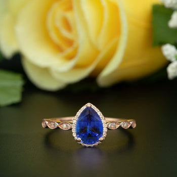 1.25 Carat Pear Cut Halo Sapphire and Diamond Engagement Ring in Rose Gold Vintage Ring