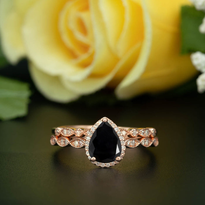 1.5 Carat Pear Cut Halo Black Diamond and Diamond Wedding Ring Set in 9k Rose Gold Vintage Ring