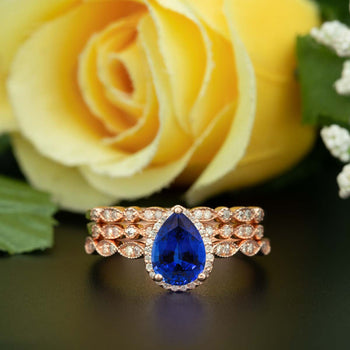 2 Carat Pear Cut Halo Sapphire and Diamond Trio Wedding Ring Set in Rose Gold Vintage Ring
