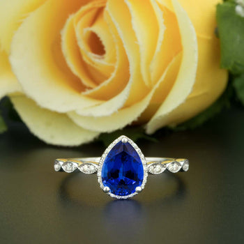 1.25 Carat Pear Cut Halo Sapphire and Diamond Engagement Ring in White Gold Vintage Ring